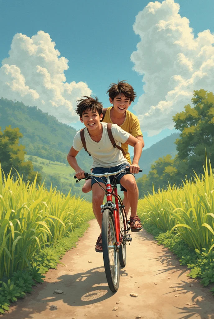 Young Chinese dad riding a bicycle, carrying a cute girl, riding in the field, full of smiles,beautiful spring scene, poster graphic design,flat illustration,warm color,zhang minmei's style,delicate details,high quality