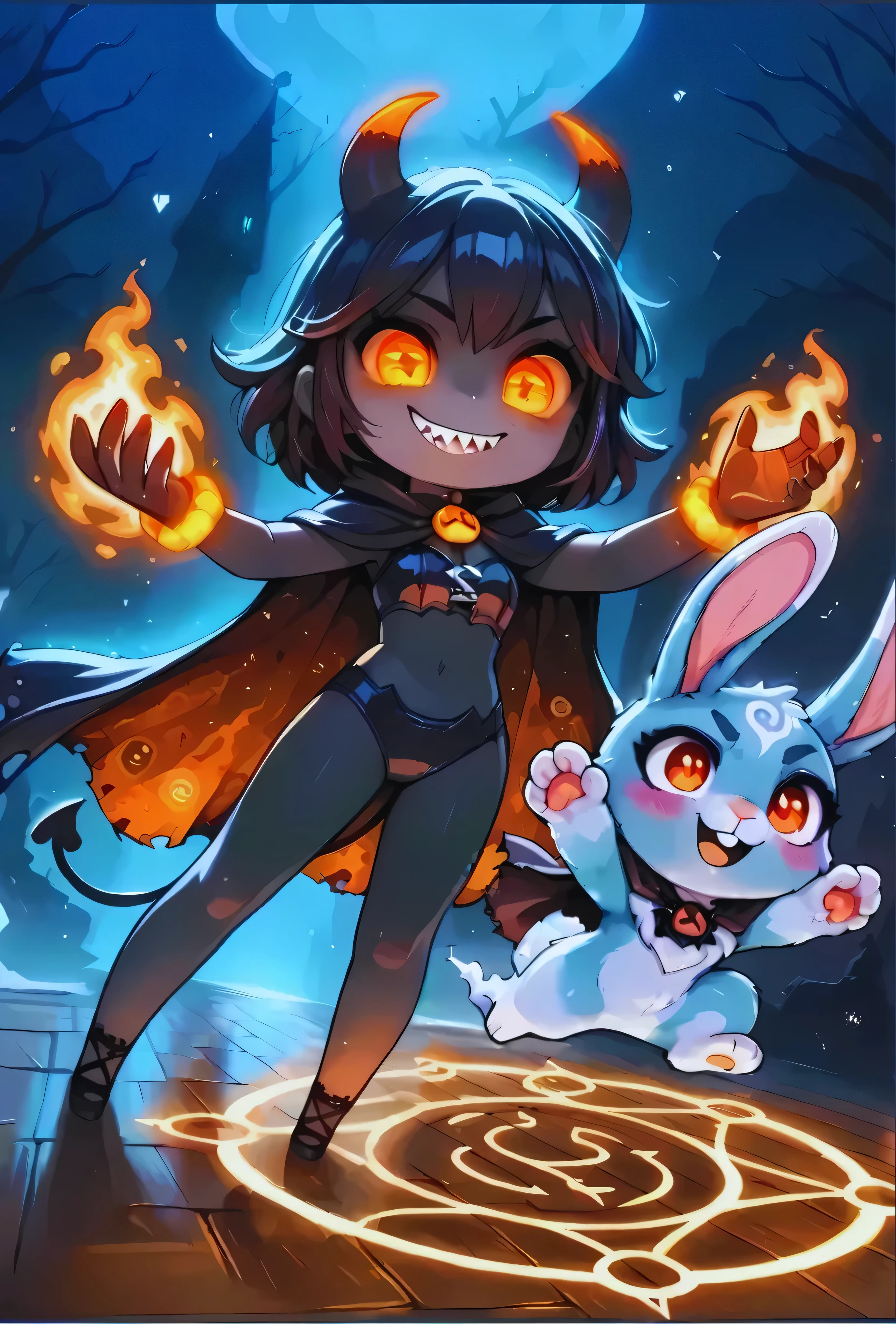 [👻+🐰] [uyciak! Hope u liked it! 😋] [CrossOver/Collabs] [uyciak & KuroRabbi] [Prompt Duo-Practice Test*] - masterpiece, ultra-detailed, 4K render, horror night, glowing magic circle, floating candles, ghostly mist, soft magical lighting, spooky ritual scene, (((duo, couple, duo focus))), hetero, 1girl, 1boy, chibi style, anime illustration, dramatic spell moment, floating character, light particles, soft glowing shadows, magical energy swirling, haunted room, glowing dungeon, glowing ritual symbols, wooden floor, warm ambient horror lighting, magical effect burst,

BREAK.

((1girl, hzk, Uyciak, ghost girl, demon girl, pure black skin, glowing orange eyes, mischievous smile, long flowing black hair, sharp teeth, spooky but kind, tattered orange and black demon cloak, floating above the ground, arms raised, casting spell, summoning ritual, glowing hands, dramatic pose, chibi style)),

BREAK.

(1boy, KuroRabbi, rabbit, anthro, DTkr, furs, buckteeth, slender, blue fur, paw, red eyes, pink_nose, furry, blushing, shocked expression, levitating above the floor, slightly panicked, arms up, feet dangling, surrounded by magical glow, chibi style), everything levitate up the sky, beautiful wide_sky, 