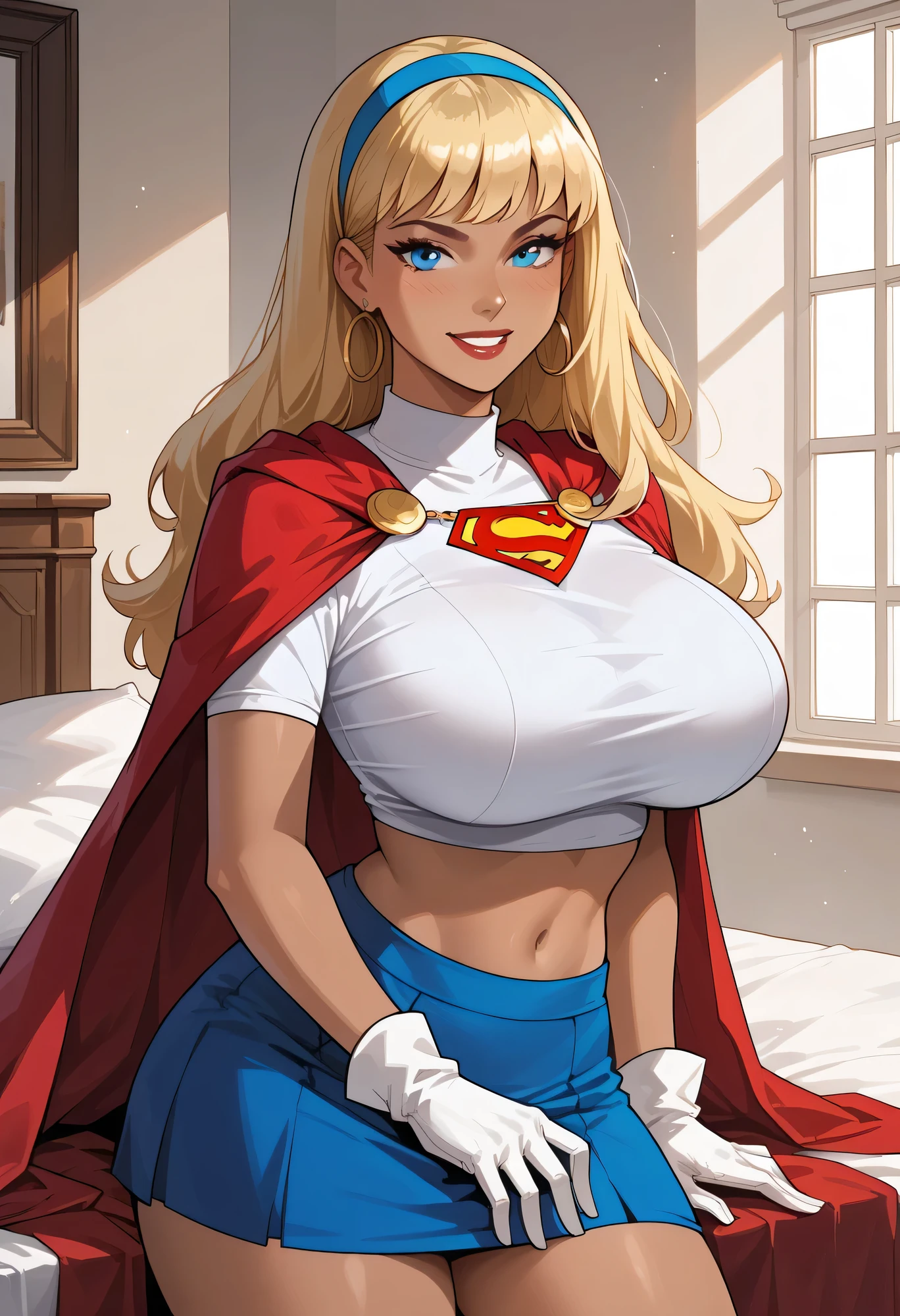super girl,((kara zor-el)) superman logo, swinsuit diminuto,  Busty, nsfw, huge breasts supernatural beauty perfect detailed 12k, long hair blonde, bangs,standing 