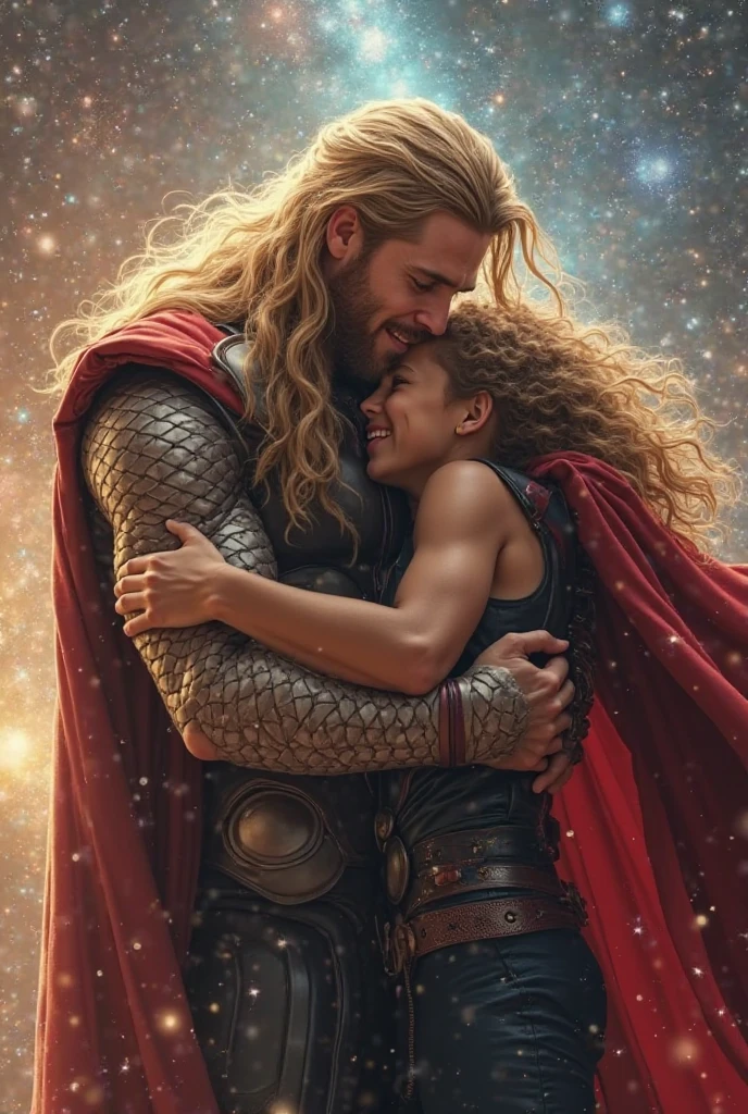 Subject: A powerful and heartwarming photorealistic portrayal of Thor tenderly carrying his child in his arms, showcasing the strength and love of the mighty superhero as a father.
Type of Image: Digital Illustration
Art Styles: Realism, Superhero, Family
Art Inspirations: ArtStation, DeviantArt, Marvel Comics, Family Portraits
Camera: Professional DSLR camera with high-resolution capabilities
Shot: Close-up shot
Render Related Information: Capturing the emotions in their expressions with realistic detail, utilizing soft and warm lighting to create an intimate atmosphere, and portraying the majestic presence of Thor in a lifelike manner.
Camera Lens: Macro Lens
