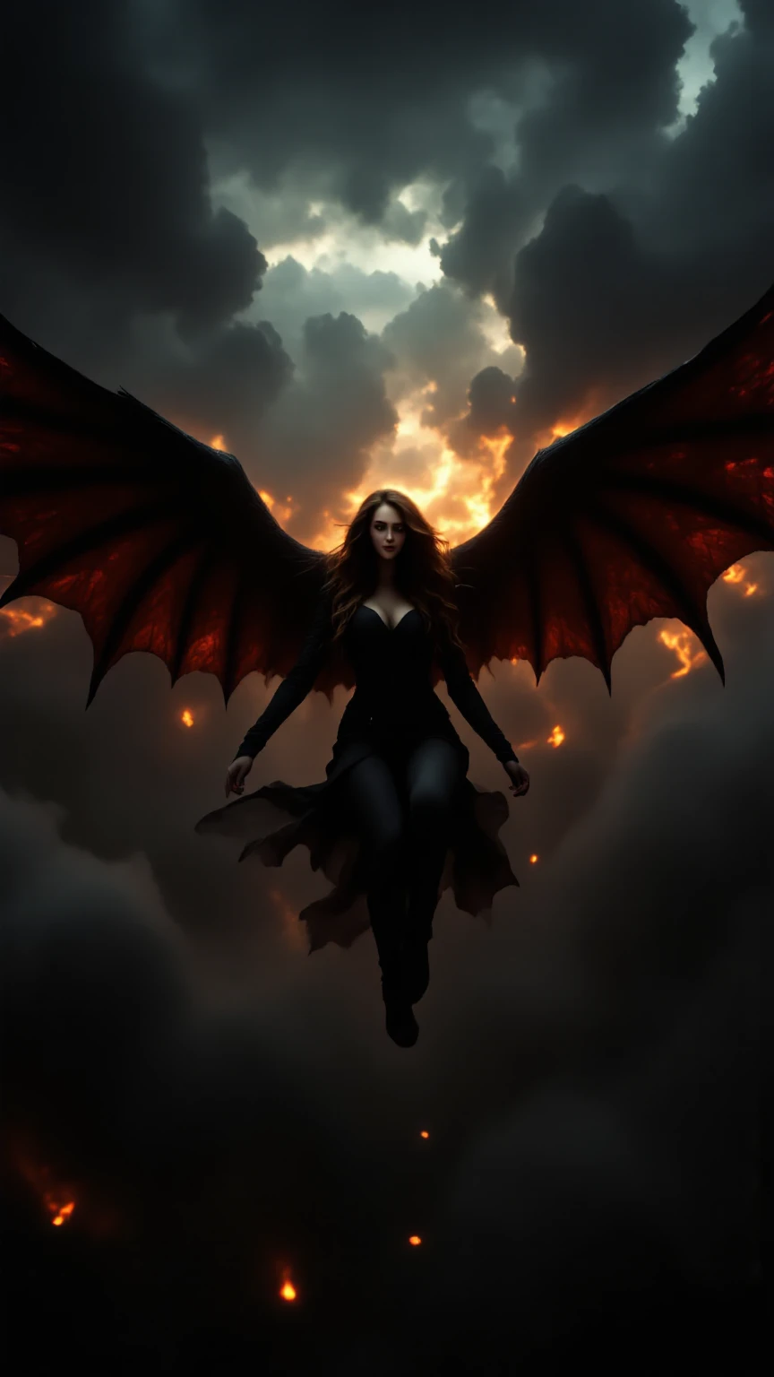 (front view:1. 2) of a black and red graceful evil fallen female angel,finely detailed features,warmly lit from the front,hyper realistic, ultra detailed photograph of a woman, large white wings folded down, sad, intricate white dress, walk on decrepit street in fire, destroyed buildings, dark sky, active fires in background, volumetric fog, subsurface scattering, ambient occlusion, post apocalyptic, ruins of war, fire, smoke,