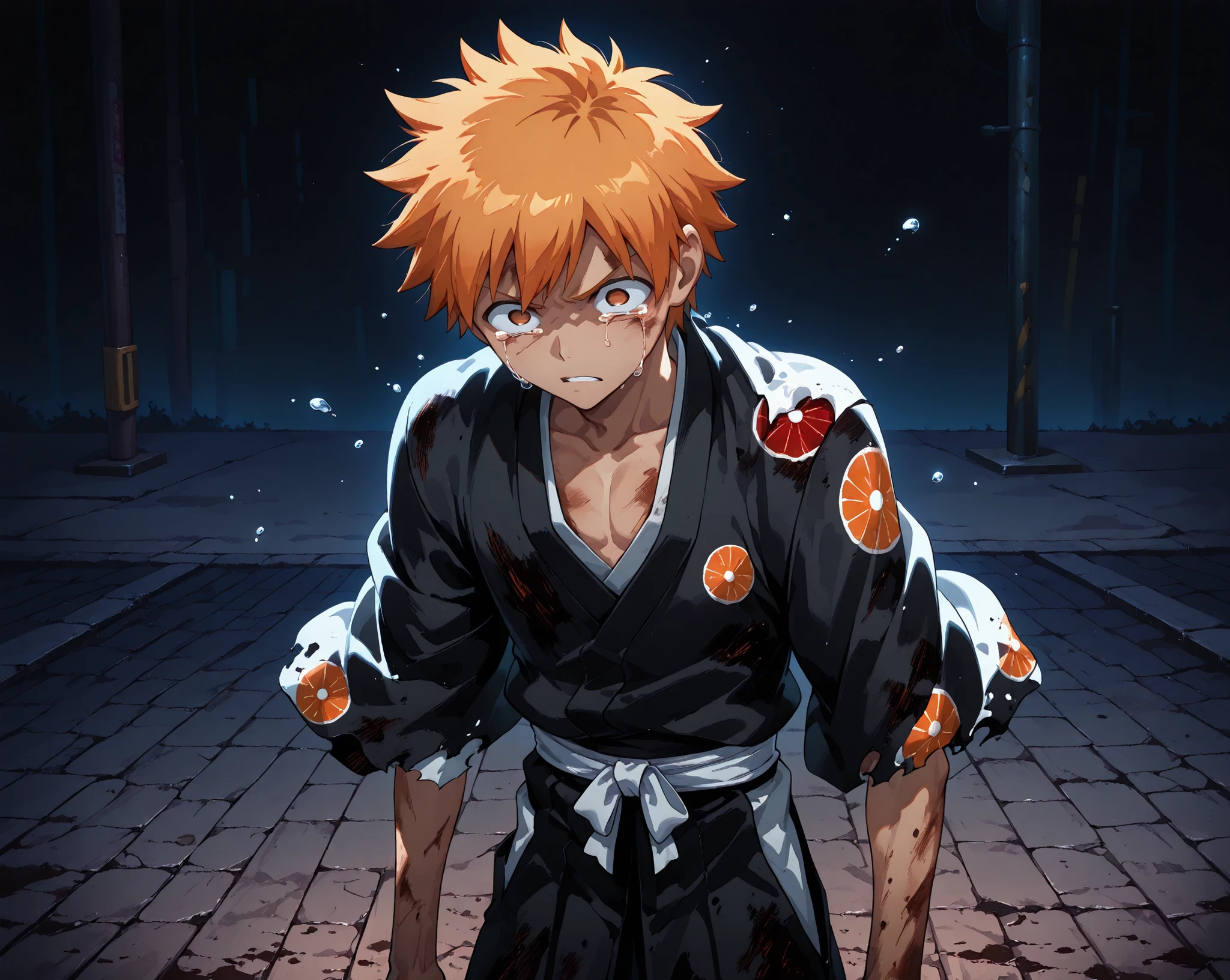 male focus,1boy,(ichigo_kurosaki, orange hair, brown eyesshort hair, spiked hairhair between eyesmedium hairjapanese clothes), angry, tears, frustrated, dirty skin, tokyo street at night, sad scene, cowboy shot, from left to right, crazy eyes