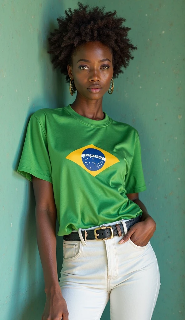 A woman wearing a tight white t-shirt with a green gradient on the shoulders and with jaguar details on the short sleeves of the t-shirt and with the Brazilian flag on the t-shirt, In the chest region
