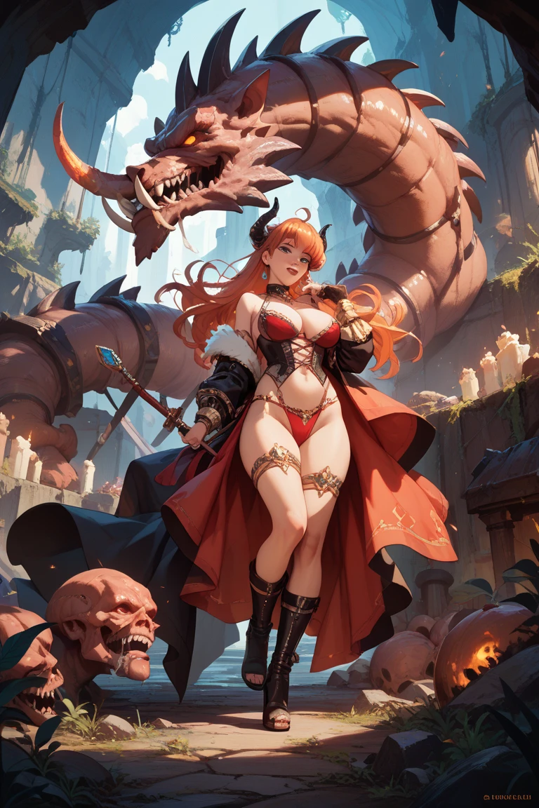 Bbw girl with huge fat chubby soft belly, she's sitting next to a dragon skull. Pretty face, très détaillée, robe noire, gros ventre
