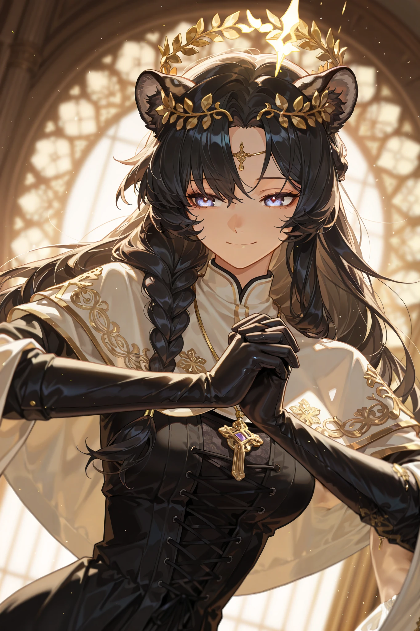 style of [arknights|(748cmstyle:0.5)], god rays, vivid colours, light stream, colour splotches, cinematic shot, mature, young adult, masterpiece, best quality, amazing quality, very aesthetic, high resolution, ultra-detailed, absurdres,
1girl, woman, solo, alone,(dynamic pose, side eye, upper body focus, dutch angle, three quarter view, close up, medium shot:1.2), (fu hua, FuHua:0.22), sapphire eyes, deep eyes, peaceful, smile, content, leopard ears, fluffy hair, black dress, laced dress, priestess, magical wreath, closed mouth, soft expression, praying shoulder capelet, clasped hands, french dress, herrscher of sentience, long hair, black hair, white streak, braid, circlet, priest circlet, hair jewelry, necklace, asymmetrical black glove,novuschroma79 style, glitch art photo,
BREAK, depth of field, volumetric lighting
 