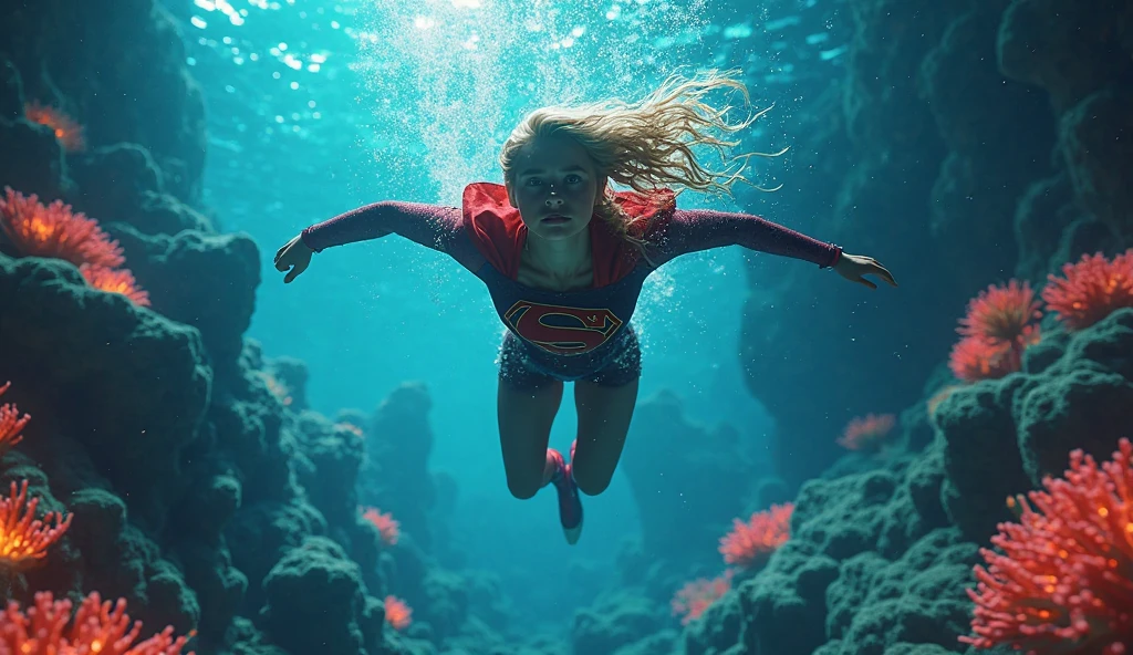 Movie scene, cowboy shot, Beautiful woman, blonde, long hair, bangs hair, strong, beautiful, super girl DC comics, blue and red swimsuit, red and gold robe, energy, action, impactful, floating in the air, from below, night energy