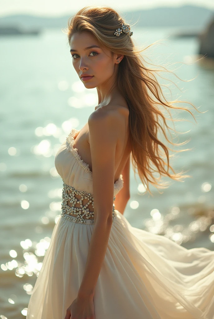 Create a full body image of a girl in a very short dress, barefoot, smile, thin lips, grey eyes and red cheeks