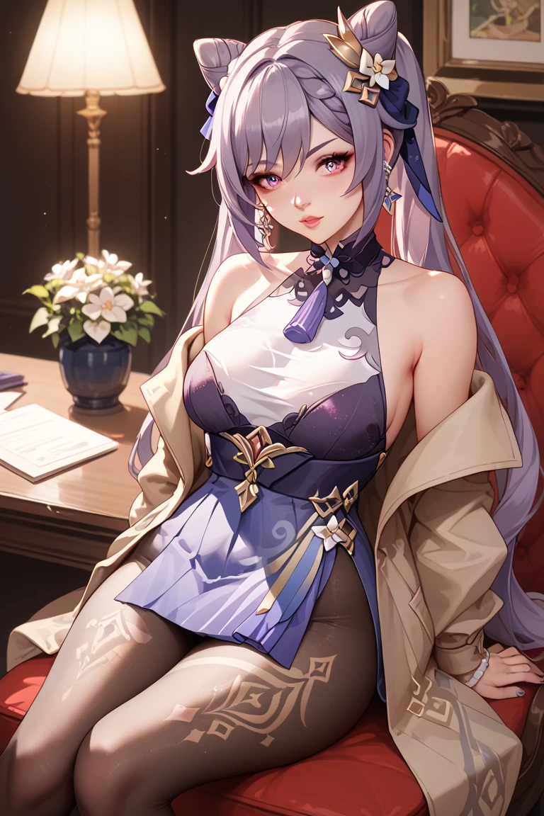 (best quality, masterpiece:1.2), ultra high res, realistic, front lighting, intricate detail, Exquisite details and textures, 1girl, solo ,(young), face highlight, upper body, detailed face, tear mole, white skin, silver hair, ponytail, braid hair, looking at viewer, big eyes, silk robe, (hollow pattern, white, silk), earrings, small breasts, slim body, luxury room, professional lighting, photon mapping, radiosity, physically-based rendering,