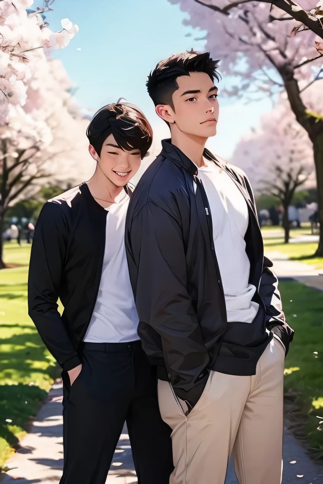 2 adults Two handsome guys very short black hair smile Face bigger than shoulders Face up big and above shoulders face up under the cherry tree blue sky Cherry blossom trees in the background cherry blossoms in full bloom Two men see cherry blossoms Two adult men long sleeve casual clothes Long Pants Bulge