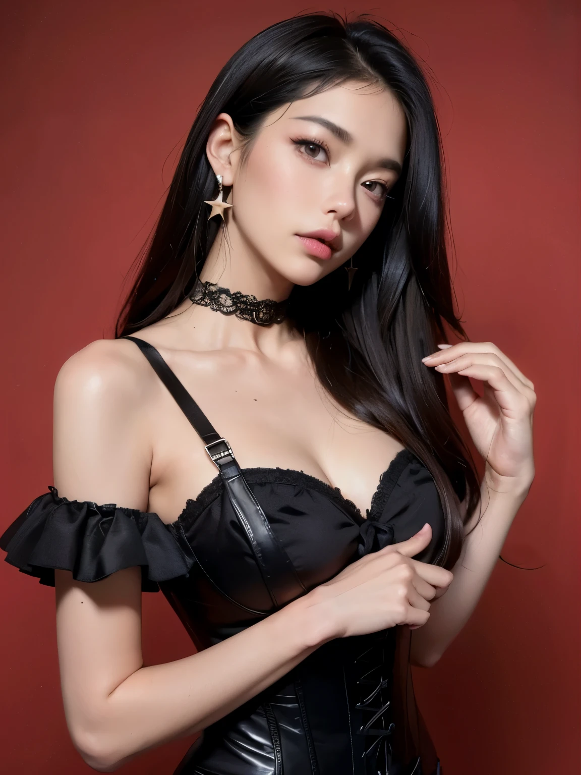Kim Jennie con el cabello negro oscuro, con rulos en las puntas del cabello negro oscuro, con un ganchito de estrella en el cabello negro oscuro, ojos de color claro, ojos bonitos, nariz bonita y respingada, labios bonitos, labios rosas, heart and cupid shaped lip, piel bonita, piel blanca, con lunares y pecas en todo el rostro, rubor rosa suave en las mejilla, rubor rosa natural, dark and gothic makeup, Jennie gotica, cuello bonito, noticeable collarbones, mirada enojada, con un collar, un collar bonito de beso, mientras tiene un Corset rosa, Corset rosa bonito, vestido con un Corset rosa, mientras muestra sus pechos desnudos, mientras tiene los pezones con dos corazones de papel rosa, tiene los pezonnes con corazones de papel rosa (pechos grandes, pechos suaves, pechos bonitos, pechos naturaleirando a la camara, autofoto