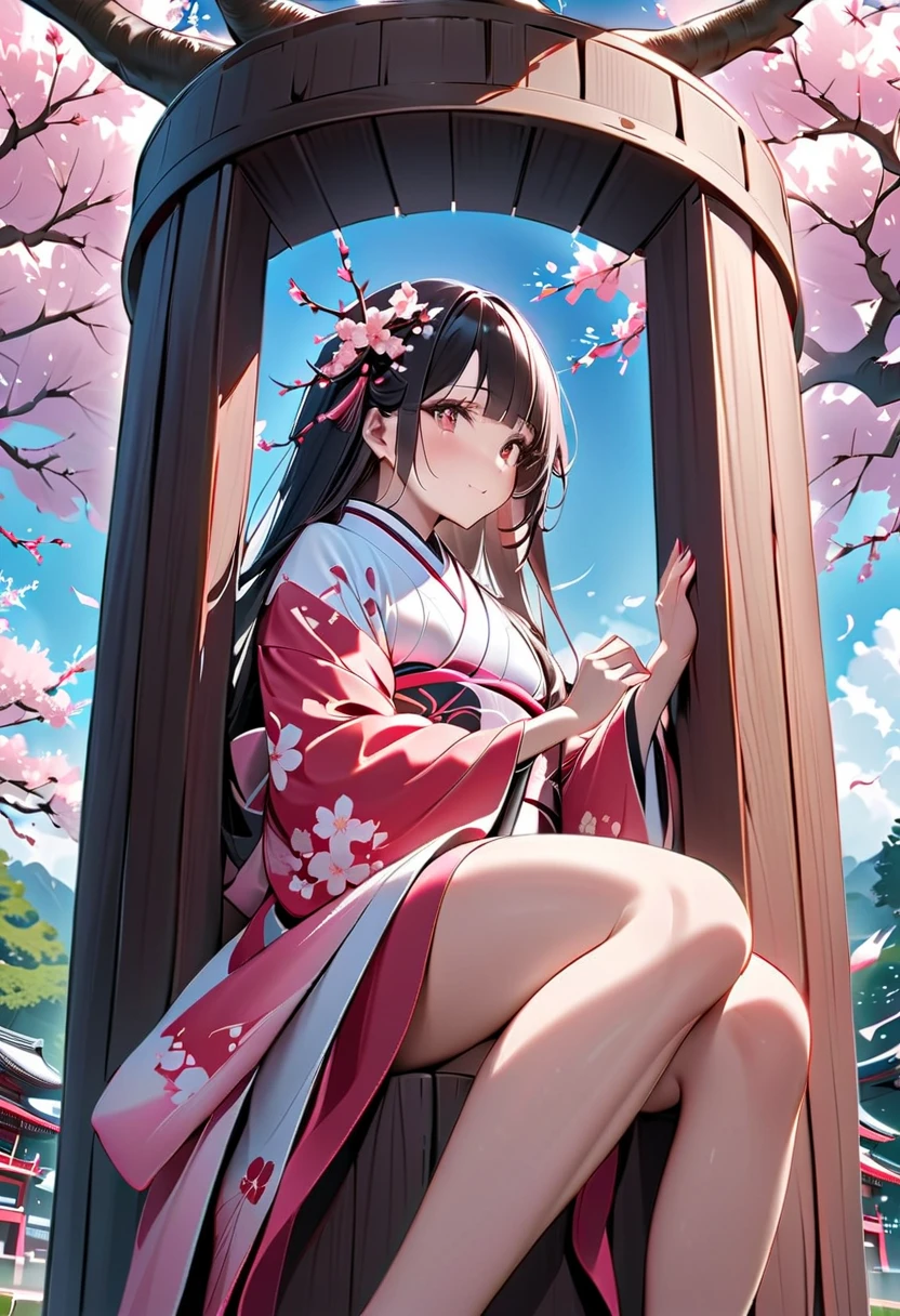 High resolution、High resolution、in 8K、RAWphotographgraphy、Highest quality、masterpiece、,(masterpiece),(best quality),hyper detailed,realistic,perfect anatomy,perfect face,
sexy,seductive,1girl,japanese,geisha,long hair,bare shoulders,kimono,white_thighhighs,
sitting,holding,swing,wind,in spring,falling petals,cherry blossoms,(looking_at_viewer),dynamic_angle,