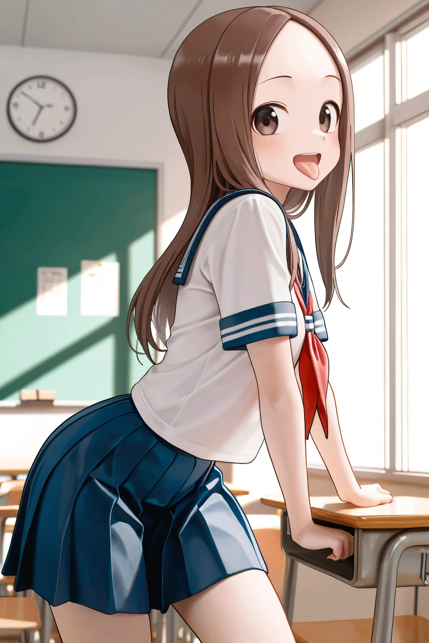 (highest quality:1.4)、High resolution、detailed background)、anatomically correct、attractive ass、 A close-up from a low angle highlighting the buttocks、Super close-up shot from directly below、Beautiful girl looking back、Sexy sheer high leg panties、Ultra-detailed panty seams、cameltoe、See-through sailor suit、classroom、A big smile