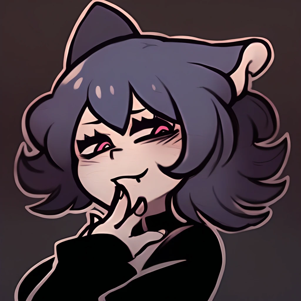 realistic photo of a masunya, (masterpiece:1.5) (medium breasts:1.5), mature female, helltaker, vanripper \(style\), (purple skin color:1.5), full body, absurdres, cat ears, breasts, highres, short hair, solo, thighhighs, jeremy lipking, masterpiece by jeremy lipking, heart-shaped pupils, looking at viewer, hourglass, best quality, bottom heavy, black thighhighs, black dress, tall, raised eyebrow, :3, double v, stable, plump, adult, light smile, cat tail, standing, hand on hip, close-up, portrait, black t-shirt, white background, gradient background,