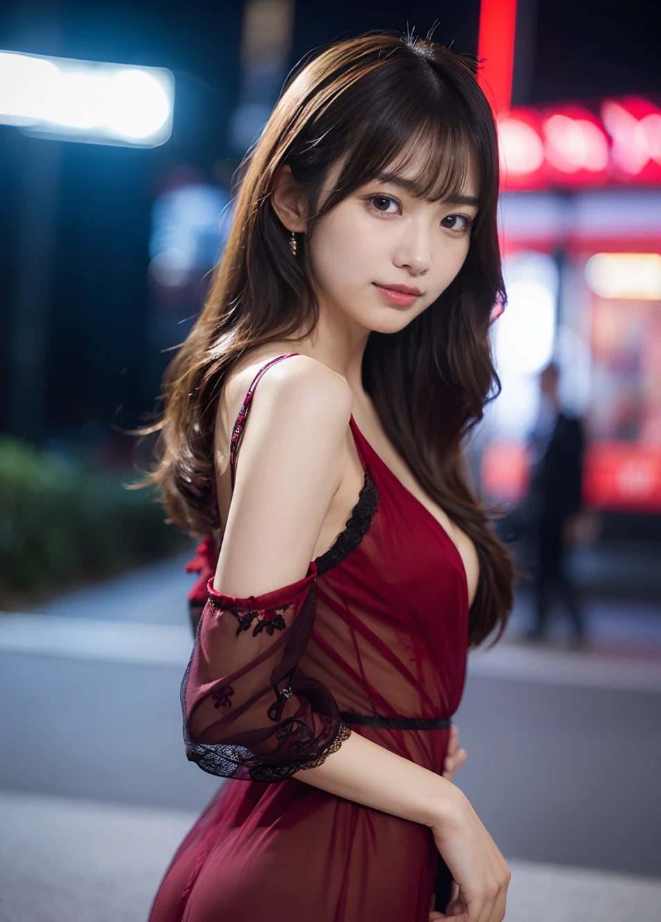 (8K、RAW Photography、top-quality)、(realisitic、Photorealsitic:1.37)、女の子1人、japanes、23years old、femele、during night、(Realistic, Photorealistic: 1.37), (Face Focus: 1.1), Cute face, ,Upper eyes、Fluffy kimono、sexy body,Beautiful hair ornaments for dark brown hair（bow ribbon）、long hair bob cut、详细的脸、Detailed lips、detailedeyes、Casual attire、More skin、large full breasts（teats）, garments（shrine maiden,Beautiful satin red kimono）, Kindness, ( Split sitting.、Legs outstretched, thighs thighs thighs thighs:1.2), small lace pants（Gold color）,Black garter belt、 Movie Lighting、Night city、BREAK (Natural Skin Texture、Detailed skin、Hyper-Realism、ultra sharpness)、超A high resolution、top-quality、shot from a low-angle