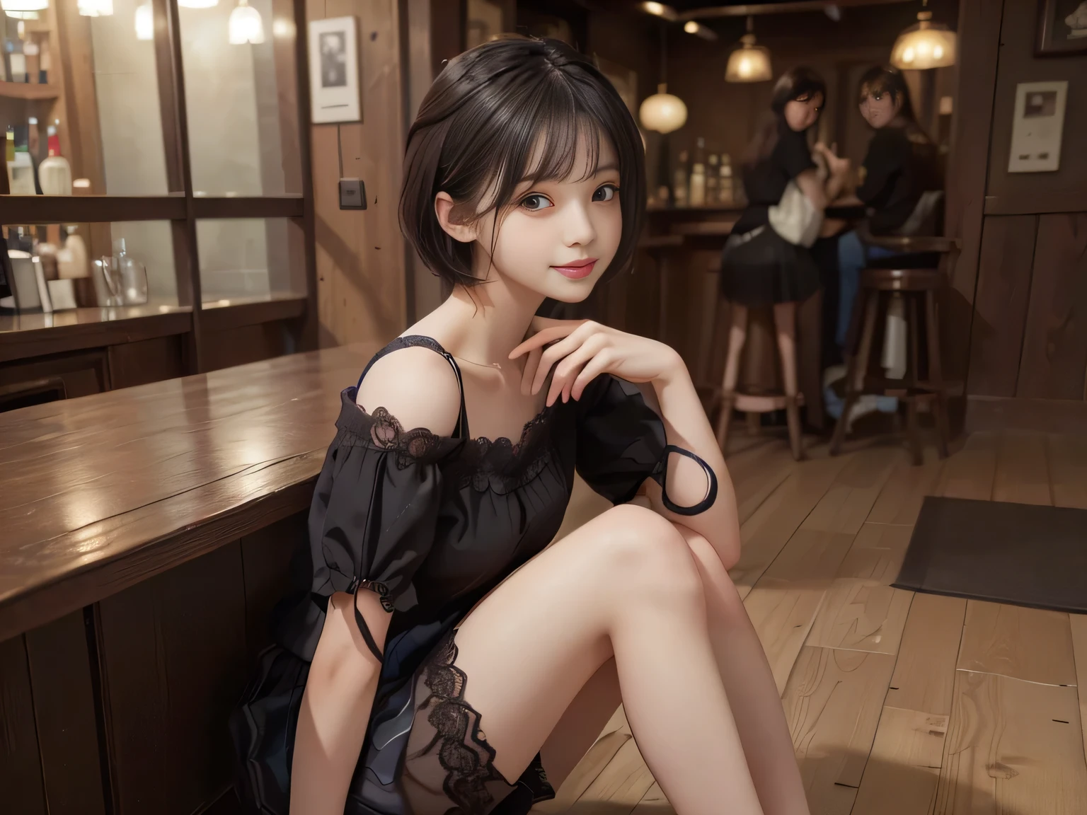 ((of the highest quality, 8K, masutepiece: 1.3, Raw photo)), Sharp Focus: 1.2, (1 AESPA Girl :1.1), Solo, (Realistic, Photorealistic: 1.37), (Face Focus: 1.1), Cute face, hyperdetailed face, short messy hair, Small Smile, slender, nude, (Off-the-shoulder chiffon dress, check skirt: 1.3), (Sitting with one knee up: 1.3), cafe, panties, flower, dahlia