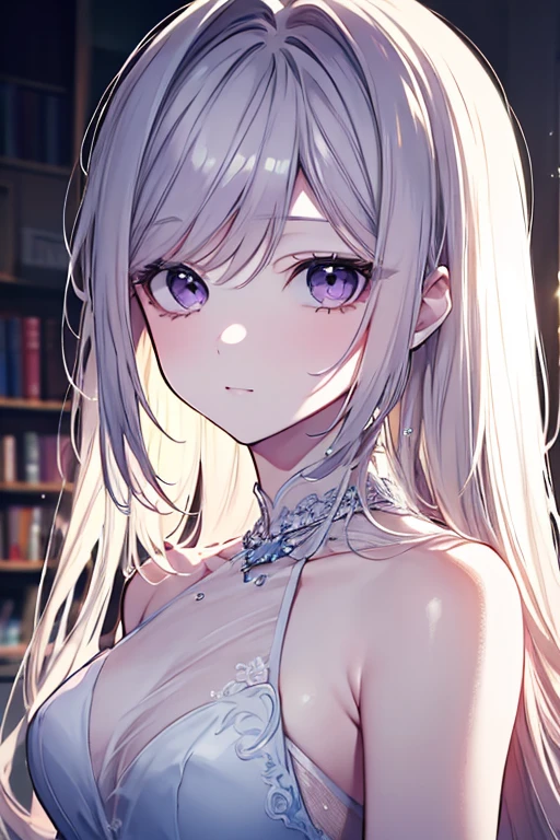 1 Dimensional, Three-shaded Two, Gray Hair, Short Hair, Colored Eyes, Pink Eyes, Beautiful Eyes, Warm Colors, Night, Warm Colors, Fireflies, Shooting Star, Lens Glow, Masterpiece, Best Quality, Colored Eyes, Teenage, Loli, Medium Breasts