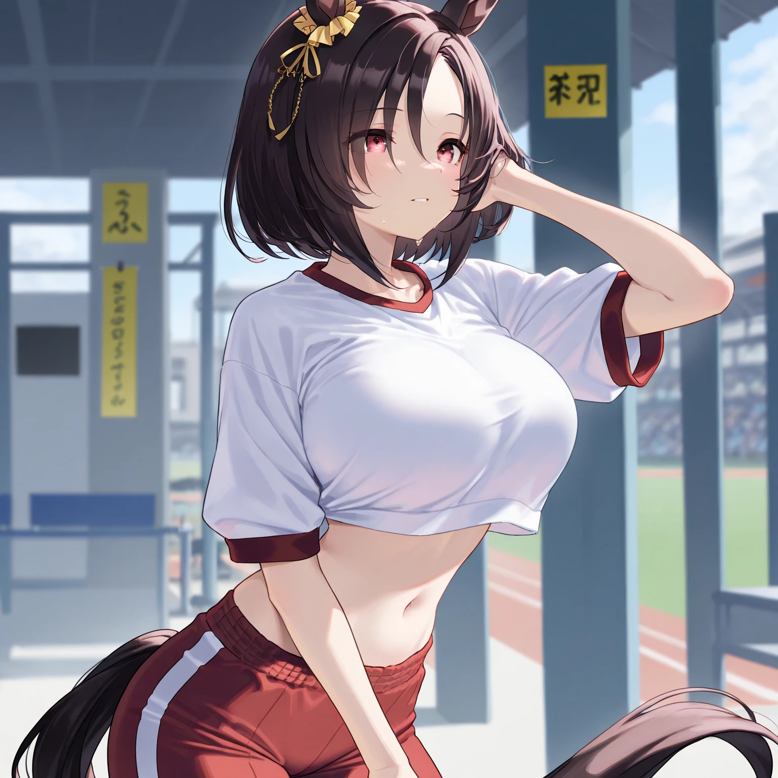 masterpiece, best quality, very aesthetic, absurd, up to date,1 Girl, (calm,Indifferent,calm),Black hair,Long hair,ponytail,look, Dog ears
,Gray Highlights,Black pupil,Sports vest,Capable