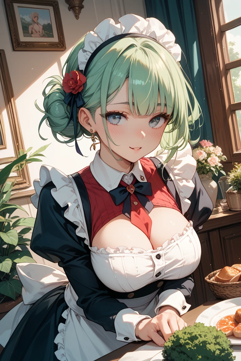 masterpiece, high quality, best quality, beautiful, hd, perfect lighting, detailed face, detailed body, 1 woman, (milf), solo, (green hair), blue eyes, ((red lingerie with ruffles)), (sitting on table), (red roses), sexy pose, sexy face, (blush), lola, mecha girl