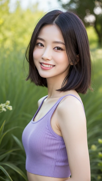 (a beautiful woman, age 33, windy morning at nature park, wearing a purple see-through dress, White Daisy hair accessories, short disheveled hair, super definition face, fine eyes with double eyelids, dimpled kind smile, beautiful lips, fair skin, super cute and soft face, brown hair, soft toned body, ample round bosom, 8k resolution, super realistic, super definition, highest definition, masterpiece, bokeh_background, SFW, sunrays)