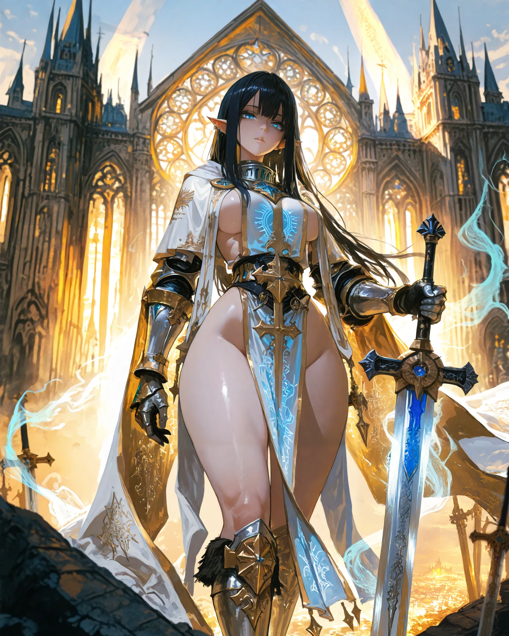 (masterpiece, highly detailed, cinematic lighting, hyper-detailed face, intricate textures, stunning composition, perfect anatomy, soft shadows, vibrant colors, depth of field, professional digital art, cinematic ambiance, sharp focus, clean and polished rendering),(elven beauty with delicate yet striking features, long straight black hair with bangs elegantly framing her face, mesmerizing blue eyes with a piercing and mystical gaze, fair and flawless skin with a soft glow, slender yet curvaceous physique with a narrow waist, medium-sized breasts complementing her graceful frame, thick and well-defined thighs adding to her alluring and powerful presence, pointed elven ears subtly peeking through her dark locks, exuding an aura of ethereal charm and quiet confidence), (wearing a radiant silver and gold-plated armor, adorned with intricate engravings of holy symbols and celestial patterns; a flowing white or deep blue tabard bearing the emblem of her order drapes over the armor; her gauntlets and boots are reinforced yet elegantly crafted, symbolizing both strength and grace; a flowing cape billows behind her, reflecting her divine presence; the setting is a grand cathedral bathed in golden light, the gates of a besieged city, or a battlefield under a stormy sky; she stands resolute, gripping a shining longsword or a massive warhammer, her stance exuding unwavering faith and righteous fury, as if ready to smite the darkness)