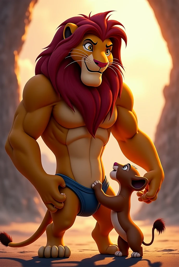 Mufasa, (pose:1.3), (posing:1.3), (soft shading), 4k, anything, Five fingers, detailed hands, ((detailed face, (detailed eyis:1.0), detailed)), por zackary911, by zaush, (by personals:0.5), mirando al ispectador, SMILE, 1 chico, is, male focus, Thighs, disnudo, looking back, disde atrás, completely disnudo, fangs, thick Thighs, pectorals, only, is grab, cola de leon, spreading her buttocks showing her anus, has a visible erection