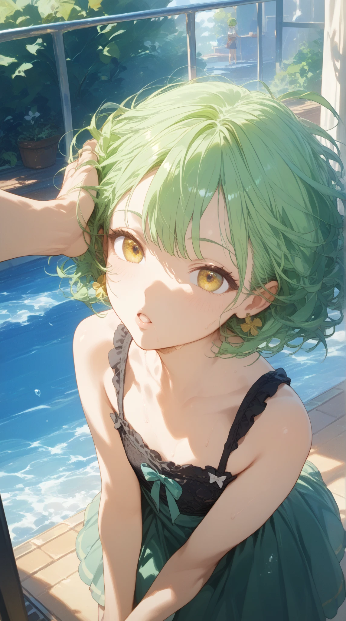 (((masterpiece))), ((Highest quality)), (Very detailed), ((High resolution)), ((8K)), ((Anatomically correct)), One very cute girl, Baby Face, (Young face), (Small breasts), (Tatsumaki), Beautiful nipples, Short Hair, Dark green hair, Letting down your bangs, (Short), (Petite), Charming smile, Emerald Eyes, Best moment, Delicate arms, Detailed skin texture, Intricate details, Very detailedな顔, Beautiful thighs, Beautiful curves, (Sweating), In the pool at night, ((Cute frilly bikini)), (Embarrassed and shy), Fancy decoration, Colorful lights, Love your audience,