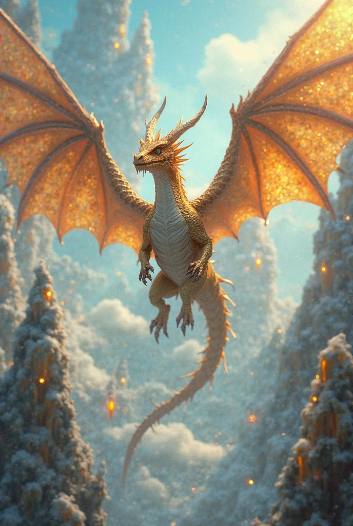 A golden dragon flys through the northern lights, 2 wings, 4 legs, dynamic pose, aurora boreal is background.