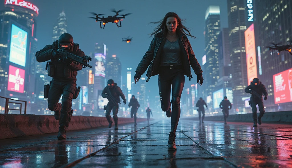8k, Realistic Skin Texture, Realistic Photo, Neo Tokyo, slim Japanese women, large-breast:1.3 cleavage:1.2, AD2050 at night, Dirty hunting jacket, Wearing tube top, miniskirt, (((black sunglasses, automatic rifle, sneakers, cold, shooting pose, low angle view))), Innovative composition, revenge, cyberpunk, blade runner worldview, Large neon sign, Geisha hologram sign, Strong Wakamoto Sign.