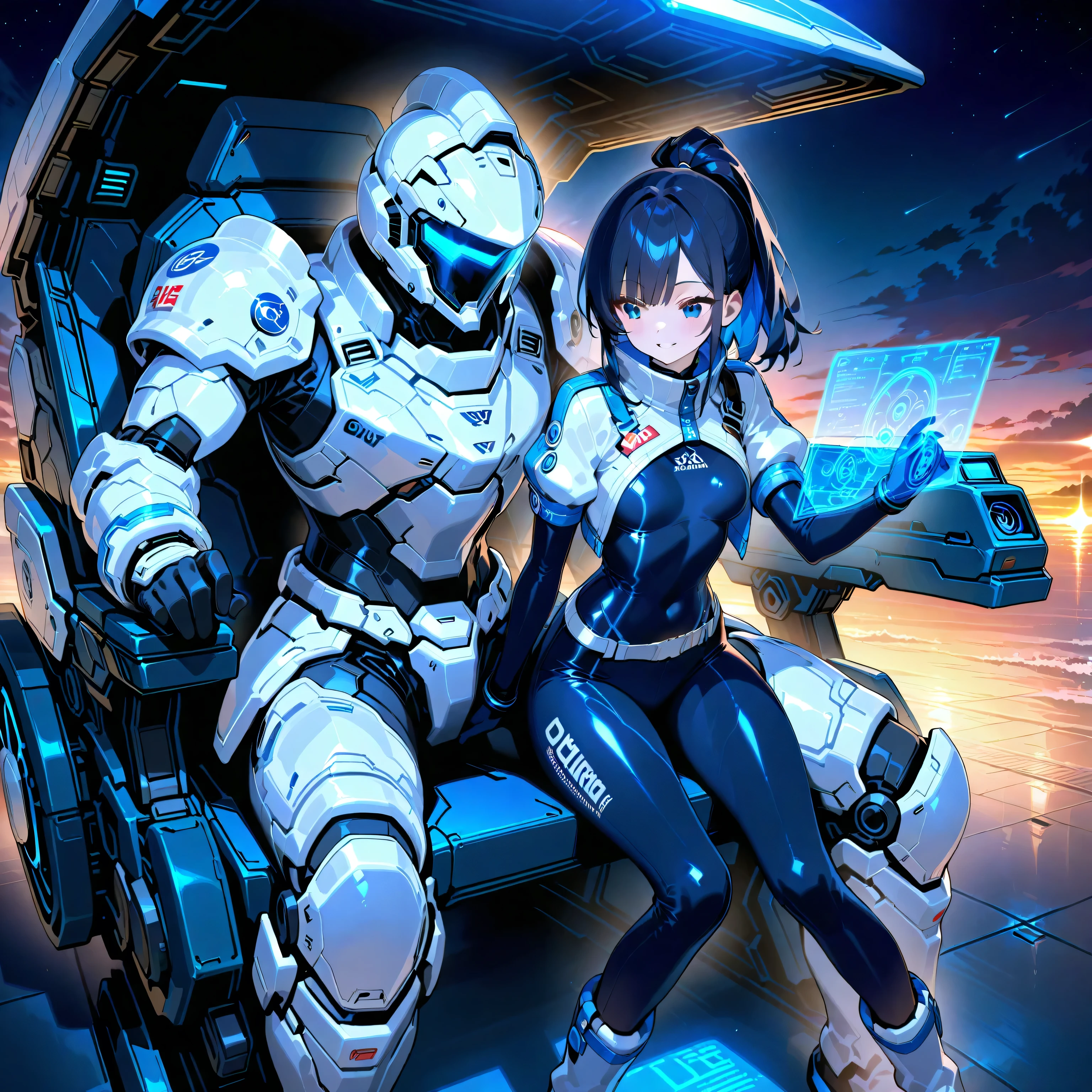 (masterpiece:1.2) (((32k))),(((Highest quality))), perfect woman, masterpiece, add_detail best quality, perfect anime girl, Poster, Futuristic, blue shades, robotic girl, a boy and a girl, romantic scene, space shuttle