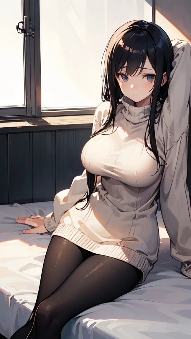 (masterpiece:1.3), (Absurd:1.3), (highest quality:1.3), The Hands of Guido Daniele, (Very detailed:1.3), (Best Shadow:0.7), (Processed Hair), One girl, alone, S1, aizawa ema, 16 years old, (medium Breasts:1.0), (pregnant:0.8), (thick thighs:0.3),  (black hair:1.4), Asymmetrical bangs, Blunt bangs, blue eyes, (white sweater:1.4), woollen sweater, aran sweater, (long sweater dress:1.4), ribbed sweater, (nipple shape:1.0), (black thighhighsocks:1.4), simple thighhighsocks, cute face, panic face, (embarrassed:1.0), in the bed room, on the bed, co-sleeping,
