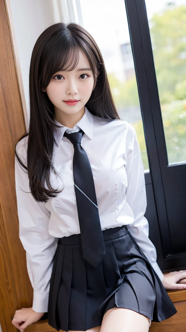 Korean school uniform、summer school uniform shirt、tight shirt、ribbon tie、Skirt by the、schools、school stairs、Emphasize your chest with both arms、Slender big、8K RAW photo、Hight Resolution、age:18 、Japanese people、Eyes of Wound、very large, Round chest eyes are detailed and detailed.......、Long eyelashes and beautiful double eyelids、eyeshadows、Eyeline、slender eyes、elongated eye shape、sanpaku eyes, beautiful, Thin leg, beautiful, thin thigh、Random Shorthair、Tie your hair behind your head、eardrop、Light-brown hair、(Wearing pantyhose)、The thighs are erotic、Sorrisos、The mouth opens slightly