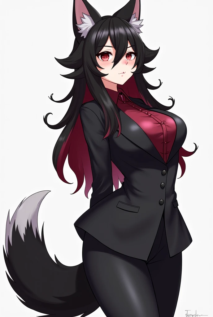1 woman, multi-colored hair black white, (hair covering right eye), choker necklass around neck, super villan cat girl, supervillan cat suit, cat tail, full body.