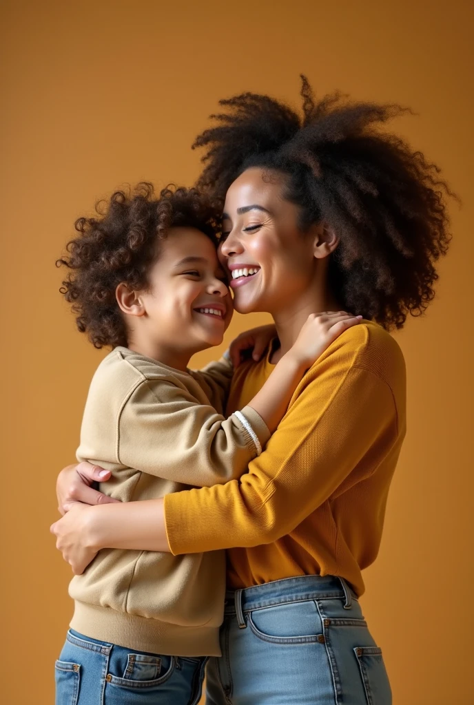 Create a brunette woman named taila, with beautiful body, curly hair, hugging a boy named Andrew, with the haircut " Mullet "