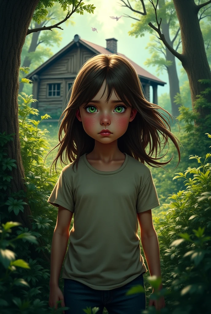 brunette woman, super realistic, fair skin, half body, fully dressed, dirty and scared face, big eyes, in the forest, sun illuminating the very yellowish environment, blurred image background and dark photo --auto --s2