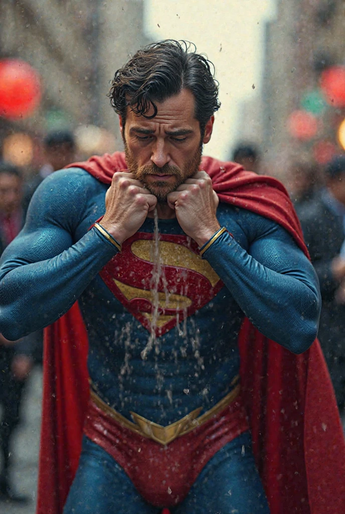 Superman saving poor man from flood 
Holding hand