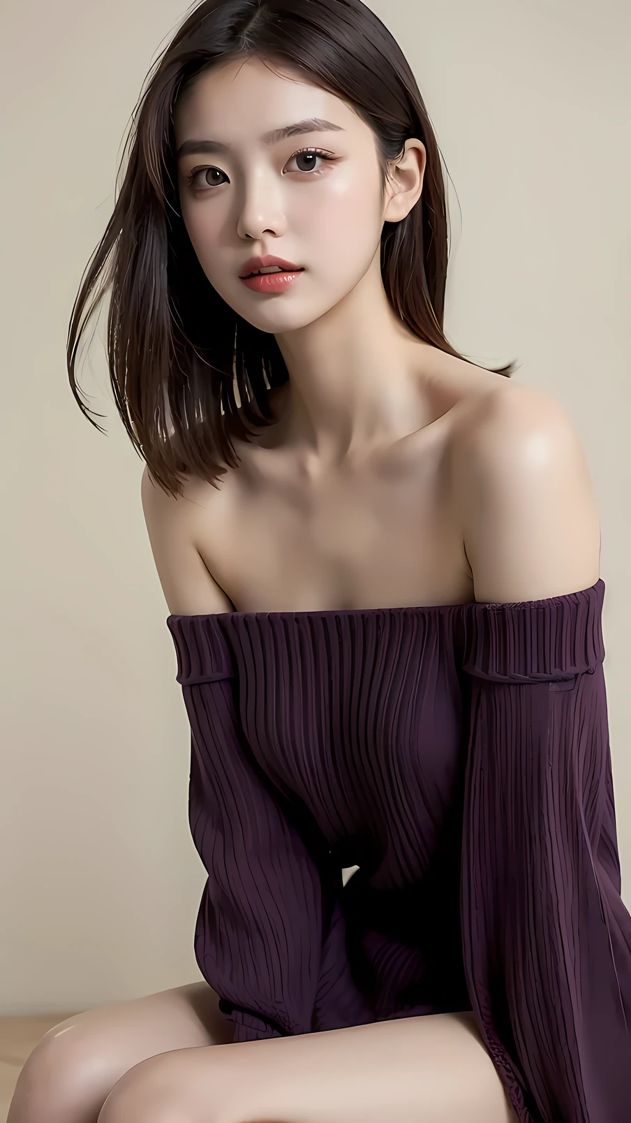 ((of the best quality)), ((masterpiece)), ( details), 1 girl, off-shoulder sweater, Voluminous Straight Hair
