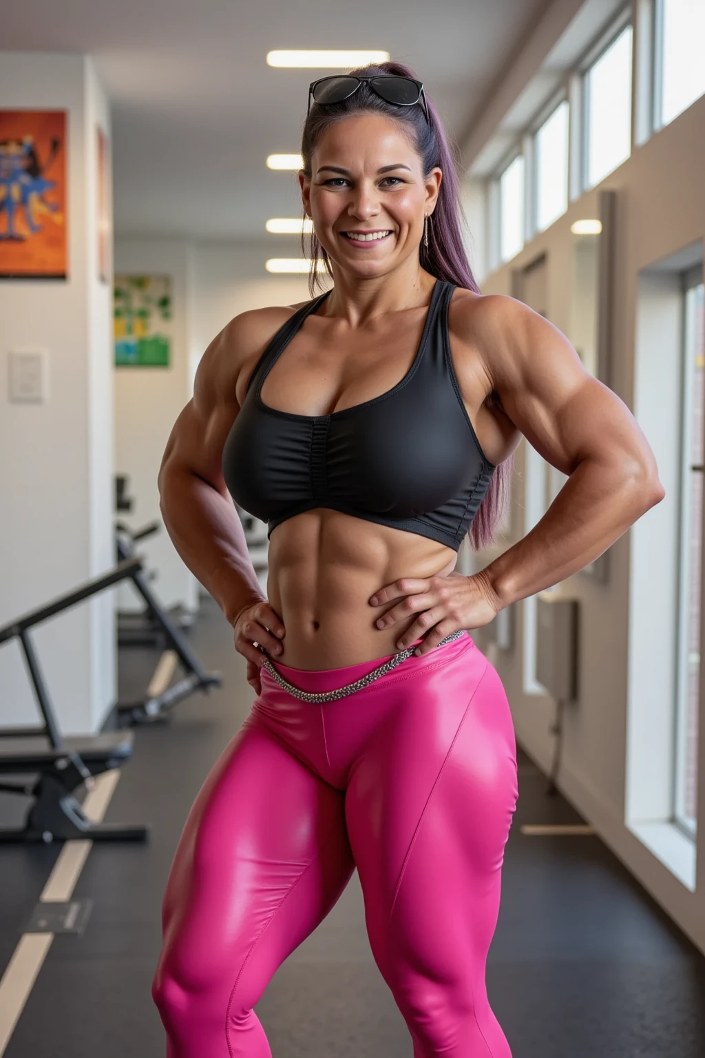 Generate a full length portrait of a heavily muscled thick iff pro female bodybuilder that is in her 50s dressed in a long sleeved jacket with huge biceps and leggings. White Curly haired women that is Bosnian, brown eyes
