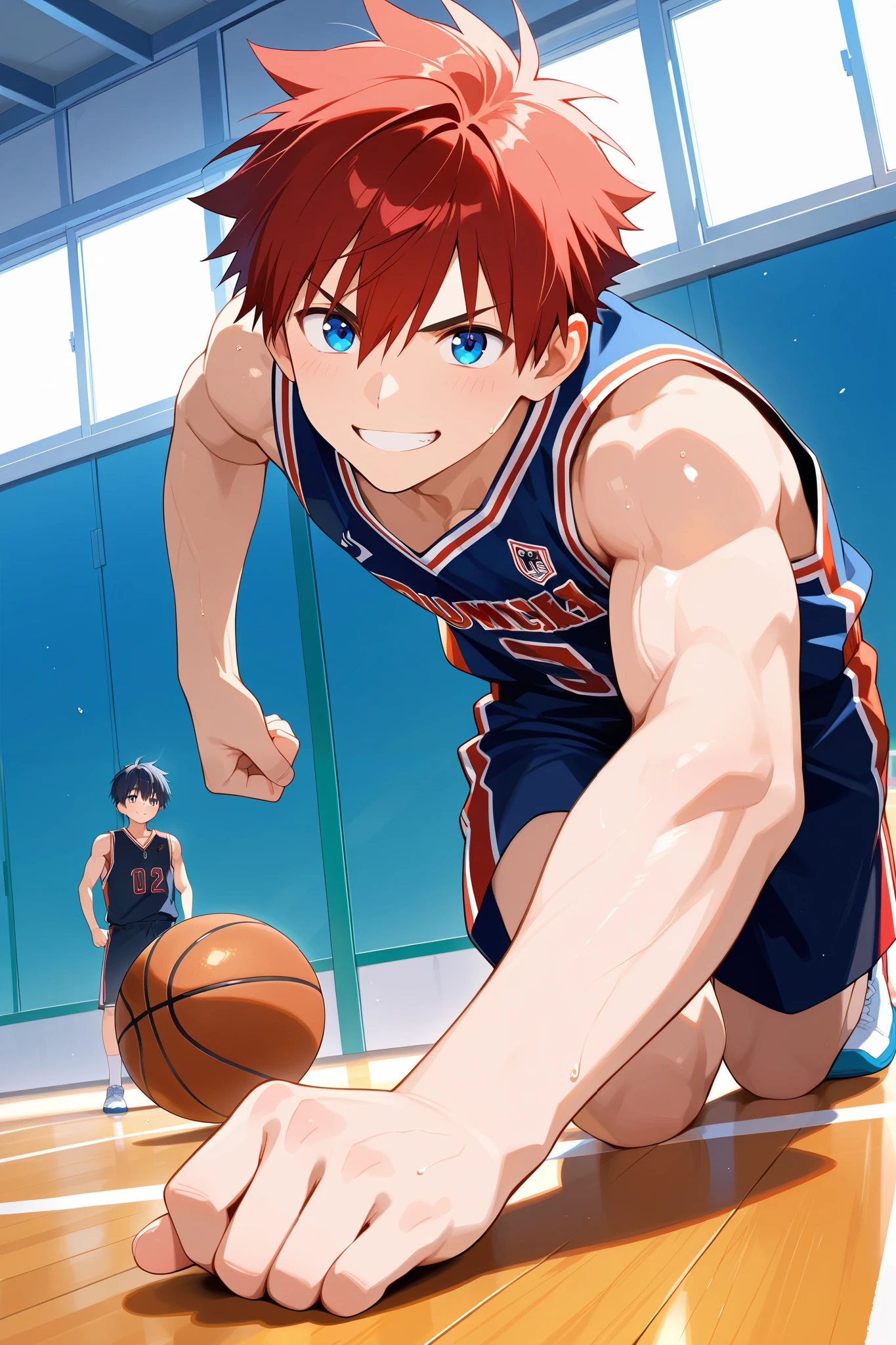 masterpiece, best quality, Ultra High Resolution, anime style, male focus, Basketball match, japanese boy, high school students, Dumping, Dynamic Capture, very handsome, Perfect Face, Cute Face, Clear beautiful details Eyes, black short hair, Shiny Hair, Detailed skin, perfect hands, Good anatomy, perfect body, Slim body and muscles, Smile, Soft Light, full body, 8k resolution,
