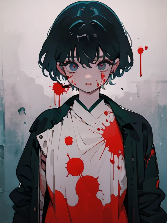 hi-school girl、black hair short cut、Hide the right eye with hair、Left eye is red-black、Detailed and delicate depiction、Blood dripping from the mouth、Growing feathers with geometric patterns on the back、Tokyo Ghoul