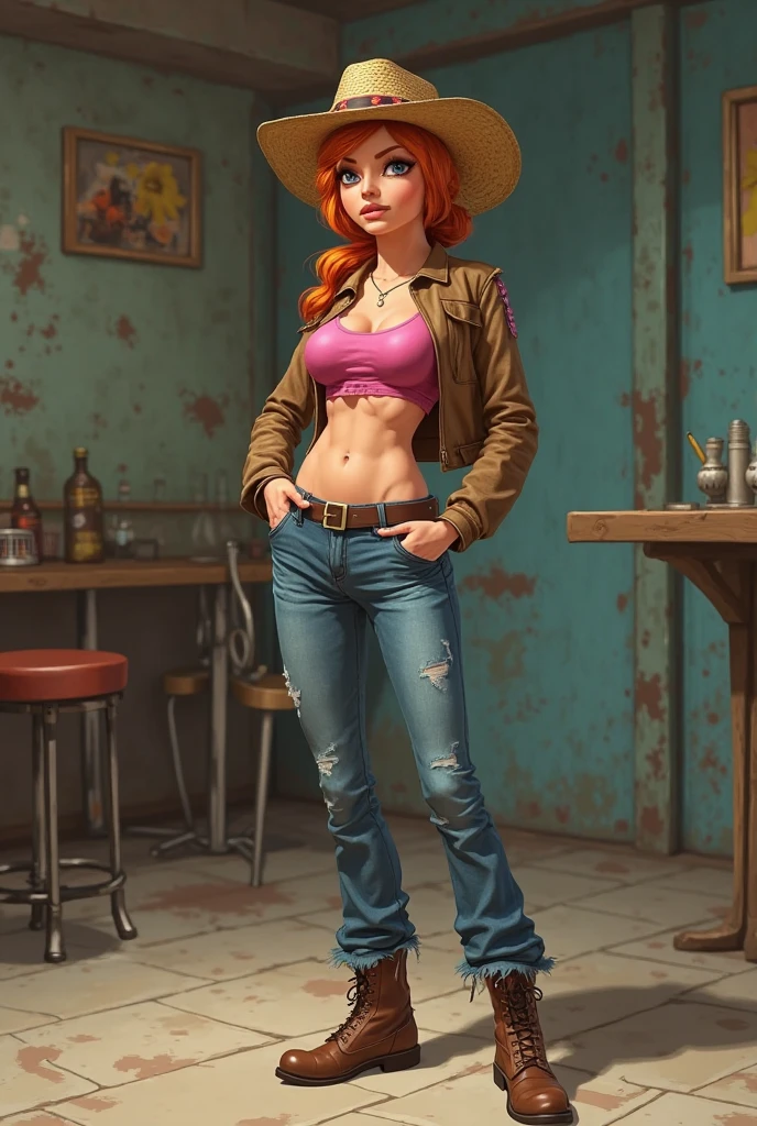 female anthro weasel, highly detailed fur, breasts, full body, in a camp, evil grin, leather jacket, black boots, ripped shorts, arms crossed, punk hair, scar over eye, cleavage, medium breasts