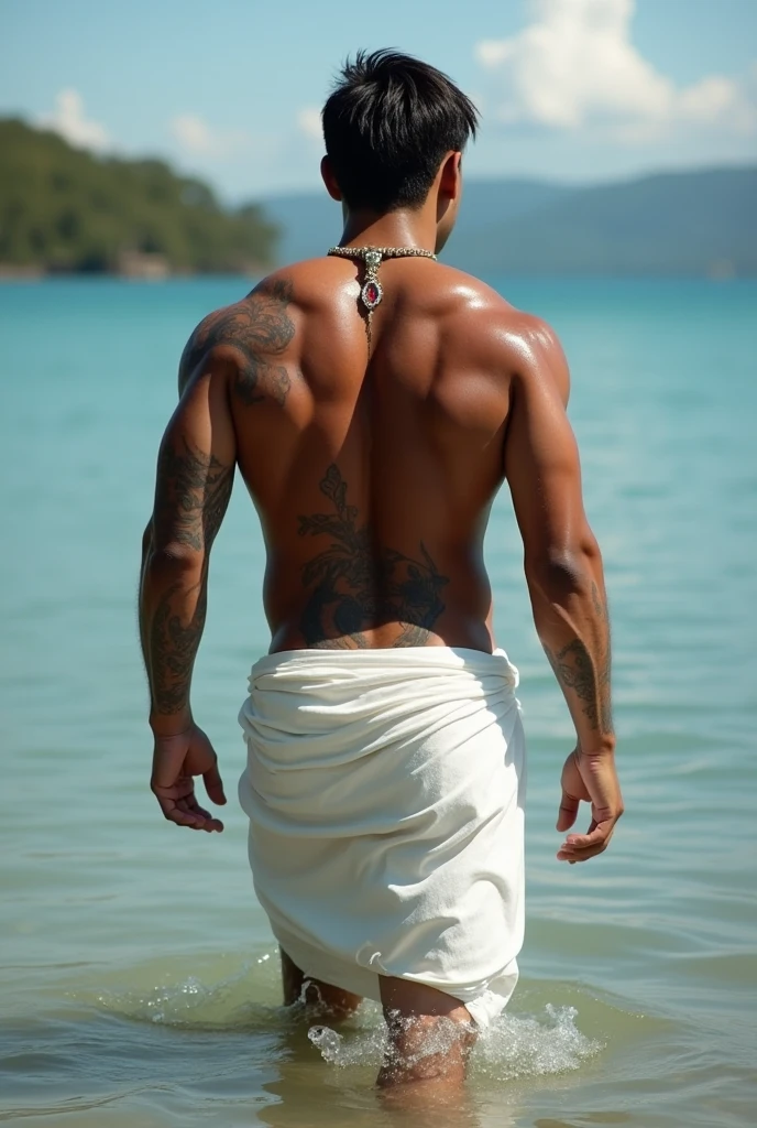 (photorealistic, masterpiece, 8K HD, good lighting quality, full body, intricate details), 40-year-old man, daddy, smiling, shirtless, gray hair, outdoors at beach, tanned, ass and back visible