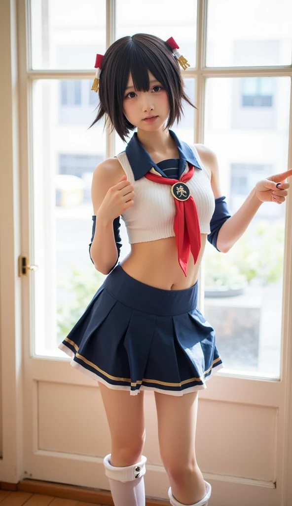 arafed asian woman in a tight white sailor uniform and tiny blue skirt posing for a photo, very sexy pose, elegant seducing pose, sexy look, sultry body,  anime girl cosplay, ((tiny blue miniskirt|plaid miniskirt)), ((huge breasts|white sailor uniform)) ((white sailor shirt|blue collar|blue bow)), ((long blue boots|high heels|knee-high)), ((long white gloves|blue stripes)), ((blue choker|sapphire)), ((wearing a golden tiara on forehead)), ((long slender legs)), ((tiny white thong)), 2 4 year old female model, beautiful alluring teen, model with attractive body, sexy body, gorgeous young korean woman, beautiful feminine body, gorgeous young model, young sensual graceful, gorgeous chinese model, ((curly bangs)), ((very dark short hair)), ((black hair in a rough shag)), wavy hair, (masterpiece:1.3), high resolution, ((sailor mercury)), ((outdoors|bright and sunny))
