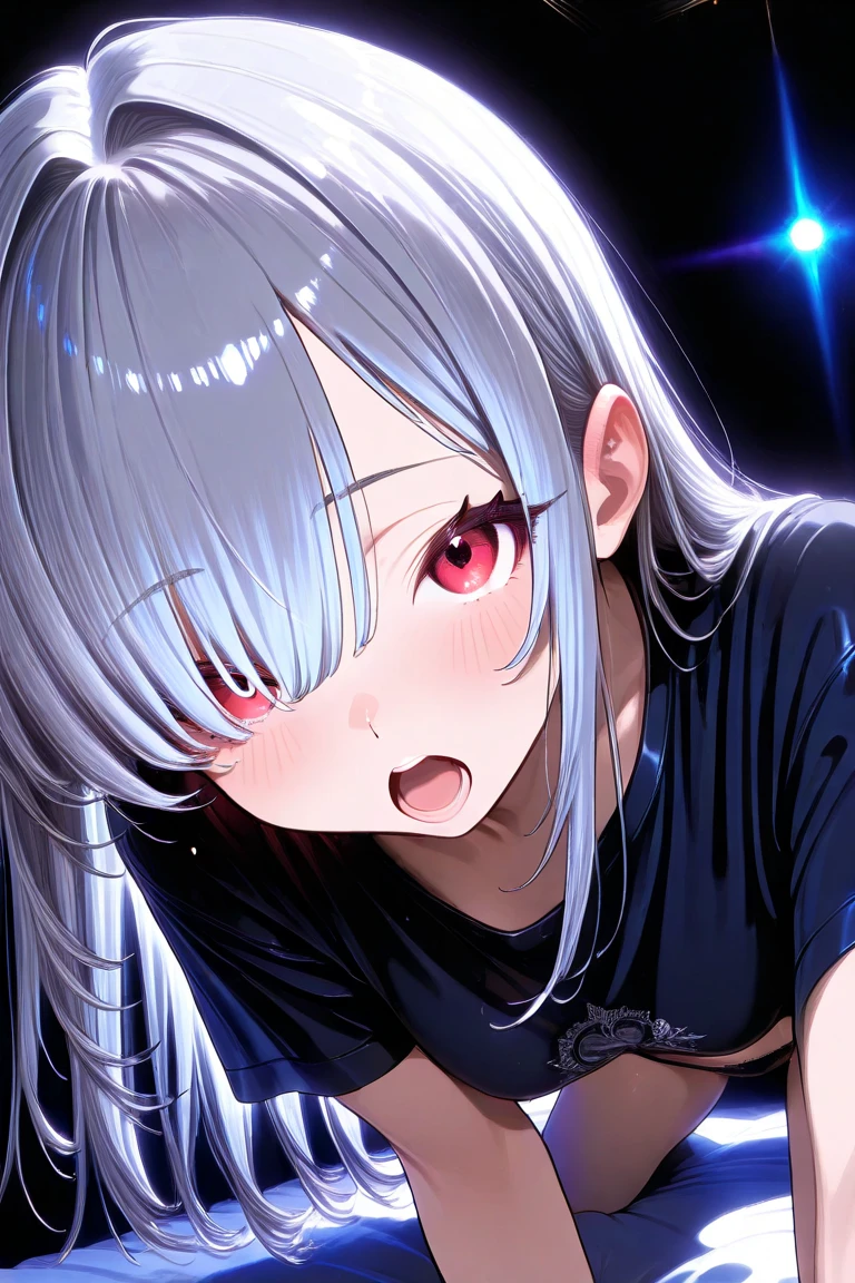 (masterpiece, best quality:1.5), (ultra detailed, high resolution, 8k, beautiful detailed, UHD, best anatomy), white hair, very flat breasts, 1 cool girl, a screen cracks, yelling loudly