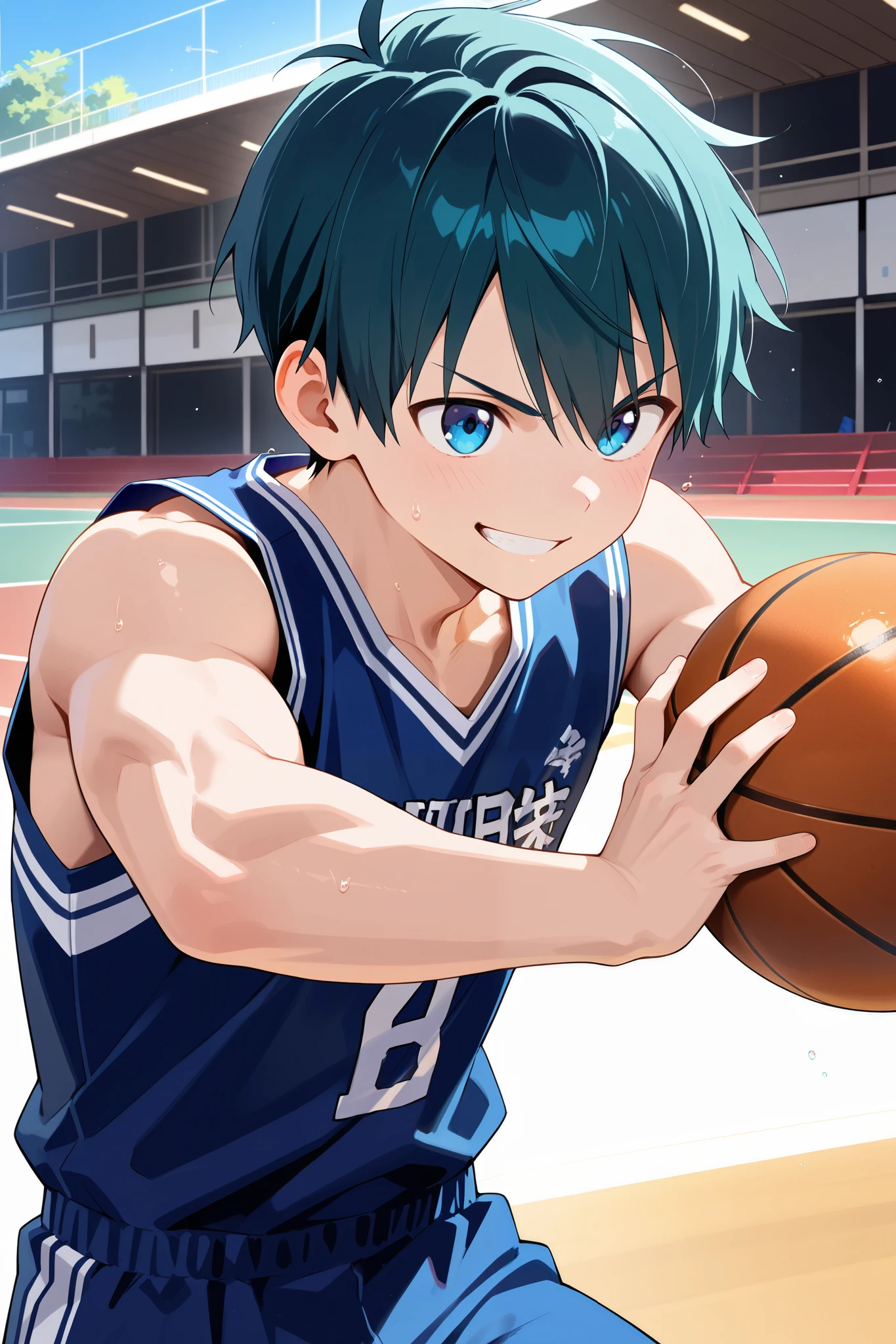 masterpiece, best quality, Ultra High Resolution, anime style, male focus, Basketball match, japanese boy, high school students, Dumping, Dynamic Capture, very handsome, Perfect Face, Cute Face, Clear and beautiful detailed eyes, black short hair, Shiny Hair, Detailed skin, perfect hands, Good anatomy, perfect body, Slim body and muscles, Smile, Soft Light, full body, 8k resolution,