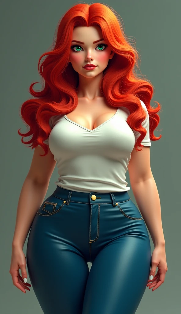 A tall sexy woman with a big breast, wavy red hair, long fluffy red eyes, wearing sunglasses and wearing a ruby red top, wearing a transparent red shirt and her metallic gray pants, wearing a black belt with a big thigh and leg.