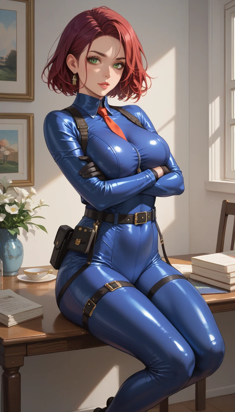Ranma-chan, single ginger braid RAW, Masterpiece, Ultra Fine Photo,, Best Quality, Ultra High Resolution, Photorealistic, Sunlight, Full Body Portrait, Stunningly Beautiful,, Dynamic Poses, Delicate Face, Vibrant Eyes, (Side View) , she is wearing a futuristic red tangzhuang costume, skinny leather panties, turtleneck top, off shoulders, very detailed background, detailed face, detailed busy background, messy, gorgeous, milky white, high detailed skin, realistic skin detail, visible pores, sharp focus, volumetric fog, 8k uhd, dslr, high quality, film grain, fair skin, photorealism, lomography, sprawling metropolis in a futuristic dystopia , seen from back, translucent