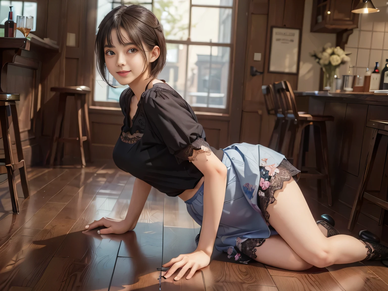(dynamicposes:1.4), (dynamic ungle:1.4), Romper (细致背景:1.4)、hyper detailed background、(Floating light blue clouds:1.4)、(Floating blue flowers:1.4)、 Romper (perfect anatomia、perfect hand:1.4)、(Perfect five fingers:1.4)、(Perfect 4 long fingers and perfect short thumb:1.4)、(Thumb shorter than the other 4 fingers:1.4)、(Perfect two arms:1.4)、(Perfect two legs:1.4)、((top-quality、8K、masterpiece:1.3))、1girl in、A smile、full body Esbian、Slim Faces、Pretty women、(dark brown hair)、hyperdetailed face、A detailed eye、二重まぶた、blured background、Slim Faces、Cute、extremely delicate and beautiful girl、Happy smiling face、Overall、ultra-detailliert、4K、masutepiece、small mouth、Colossal tits、bura、Underpants、a short skirt,high waist skirt,high-necked,Sleeveless,bob cuts,long boots,ultra-detailliert, 4K, masutepiece,Smile,small mouth,white shirt、Skirts that show the body line、low angles、(pantyshot:1.1)、(skirt rift)、(skirt lift by yourself))、