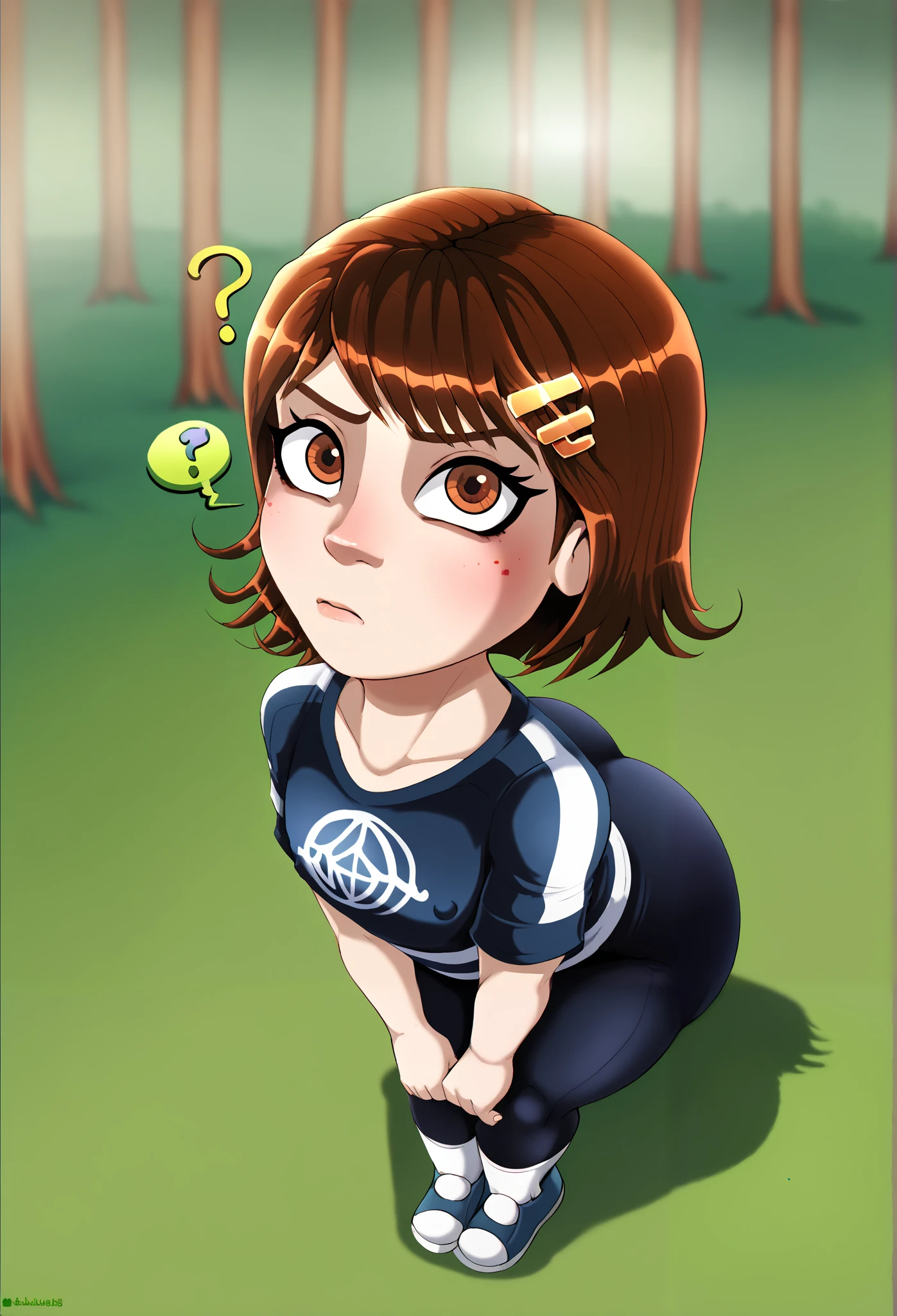 shadcom, shadman, shadbase artstyle, score_9, score_7_up, 1girl, solo, girlscouts outfit, green forest background, presenting, curvy, cute girl, little, young girl, short girl, jailbait, age 13, minor, solo, medium brown hair, brown eyes, middle school girl, innocent, bratty, cute, immature, juvenile, younger girl, 120 cm in height, slimthicc, from above, solo, bratty face, shortstack, tight body, cheeky, frowning, cute, confused, looking up at viewer, earlyteens, big butt, big ass, tight ass, thick thighs, bubblebutt, presenting ass slichtly, tiny nipples, nipples aren't visible, flat chest, chest covered by shirt,