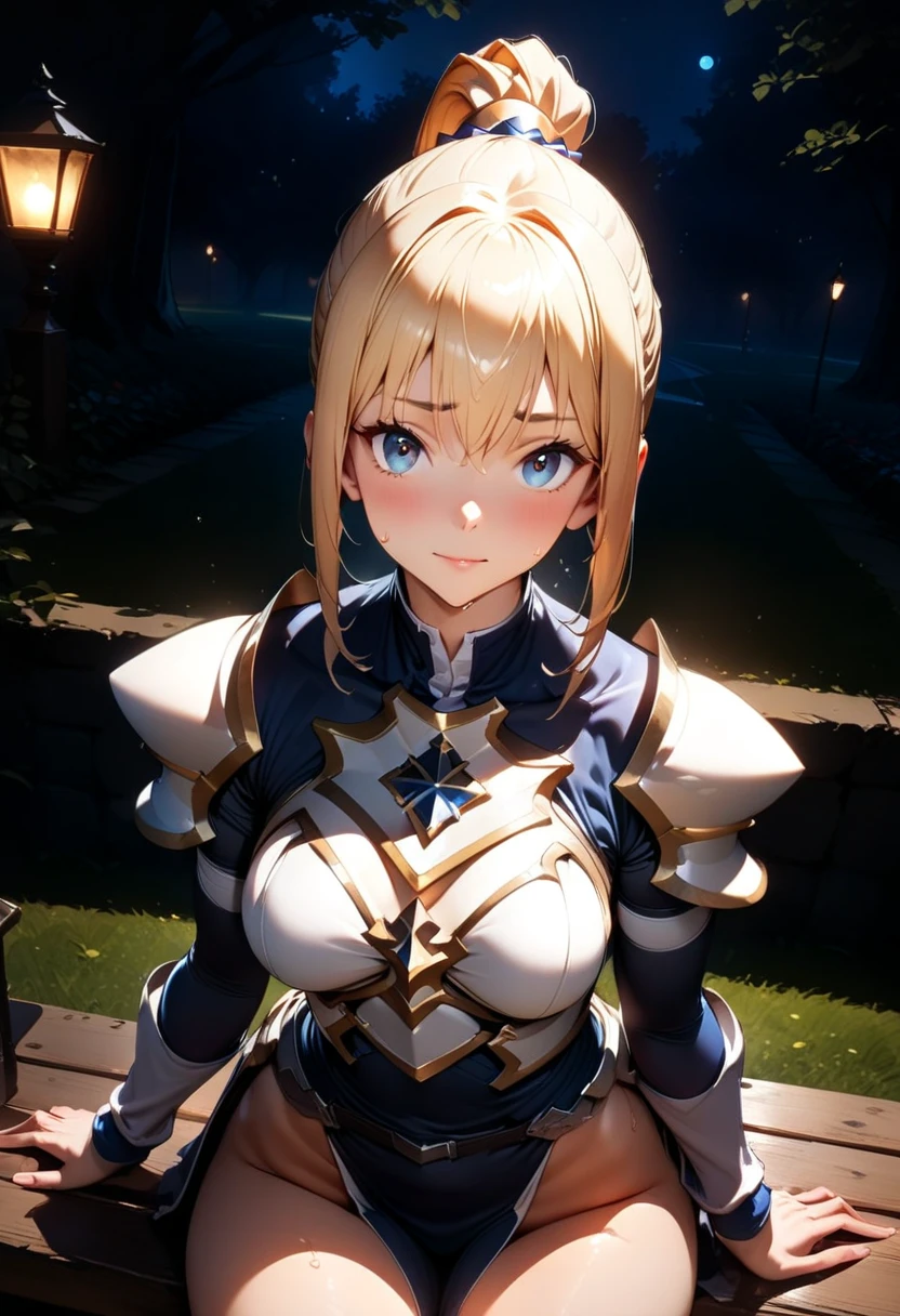 Highest quality, masterpiece, Ultra-high resolution, (Reality: 1.4), Original photo, 3d models & 3d anime, battlefield background, white skirt, blonde hair, female knight armor, white armor, White knight armor, long hair, bangs, white cloak, standing position, white underwear, white panties, skirt turned up, panty shots, blushing, glaring, medium length skirt, pounce pose, Blonde, ponytail, White knight armor, White Skirt, White Cape, White underwear, White panties, Skirt flipped up, Panty shot, blush, Glaring