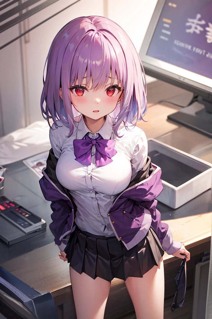 ((he has big guns in both hands:1.2)),Perfect hand drawing、((Place one knee on the ground:1.2)), (Angle from below:1.2)、Beautiful body lines、1 beauty, (Light Purple Eyeshadow), (thick neck:1.4)、(broad shoulders:1.4)、(Smaller face)、(pointed breast:1.6)、Model body type、(Smaller chest)、17 age、Sharp eyes、Watery Big Eyes、Impatience and shy laughter:1.2、((student clothes:1.4))、Shirt and knee-length skirt、(facefocus:1.4)、evening、Extremely detailed, Detailed background, Cinematic lighting, (Pull up your skirt to show your underwear:1.2), (Lace bra visible through unbuttoned shirt:1.2)、(On the roof of a high-rise building:1.2)